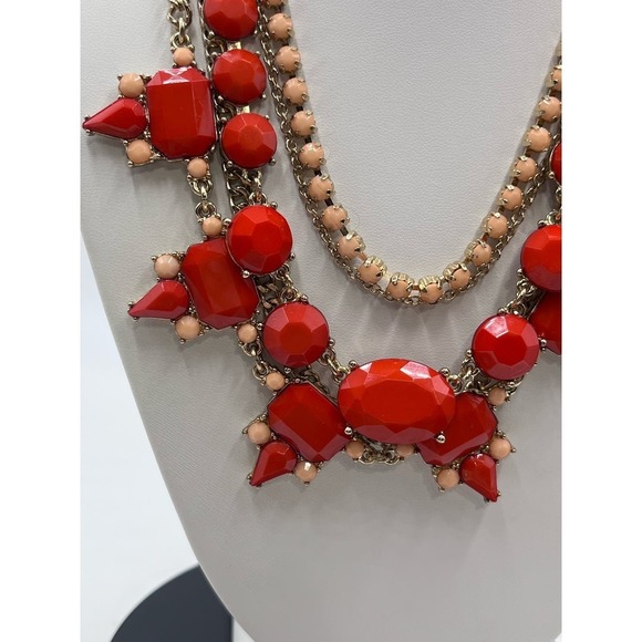 J. Crew Red Pink Peach Gold Tone Layered Multi Strand Rhinestone Necklace - Picture 3 of 14